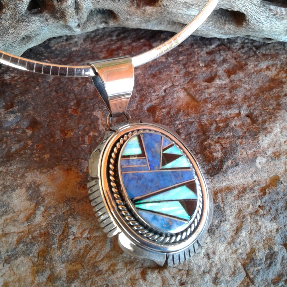 Sterling Silver, SIGNED Inlaid Denim Lapis Necklace